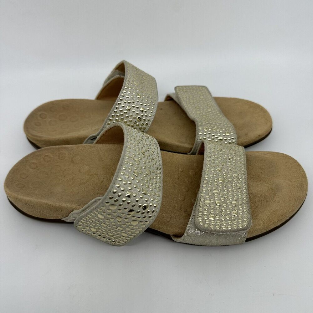 Vionic Women’s Samoa Rhinestone Studded Two Strap Sandals Beige Silver Size 9